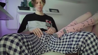 My Younger Sister, Dressed As A Schoolgirl, Gives Me A Footjob While Wearing Socks