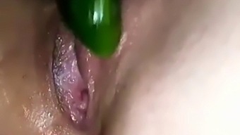 Solo Female Masturbates With A Sex Toy And A Cucumber